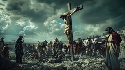 Documentary image style of the crucifixion scene on Calvary. Capture Jesus Christ on the cross. - obrazy, fototapety, plakaty