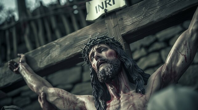 Documentary image style of the crucifixion scene on Calvary. Capture Jesus Christ on the cross.