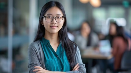 A poised individual with glasses and arms crossed stands confidently in an office environment.