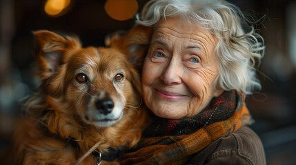 Lovely old woman with her best friend: an adorable doggy  - obrazy, fototapety, plakaty