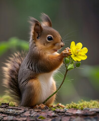 Lovely squirrel with a yellow flower. Nature 