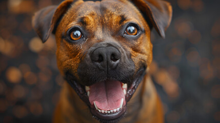 Lovely adopted dog smiling at the camera - obrazy, fototapety, plakaty