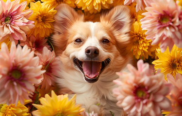 Beautiful and happy dog among the flowers in springtime