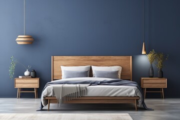 modern bedroom with a wood bed and gray walls, in the style of dark azure and beige