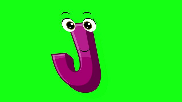 Cartoon style letter j 2d animation with green screen background, j alphabet dancing letters for little kids