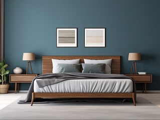 modern bedroom with a wood bed and gray walls, in the style of dark azure and beige
