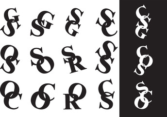 Hanging edges letters logo design typeface idea vector set. Two letters together composition logotype branding. Keep letter by letter emblem elements.