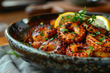 Grilled octopus tentacles with with lemon and flavorful sauce, traditional seaside food