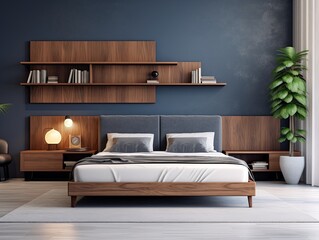 modern bedroom with a wood bed and indigo walls, in the style of dark azure and beige