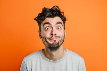 Obraz premium A man makes funny, sad, horrible grimaces, makes a face on a coloured background