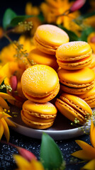 Orange mango macaroons, artistically placed on a dark plate, surrounded by fresh raspberries, slices of mango, and mint leaves. Perfect for culinary presentations, food blogs or dessert menus