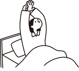ベッドで伸びをする女性の線画ベクター