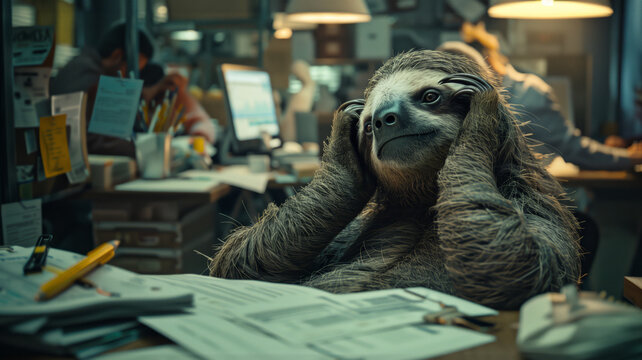 A stressed sloth is sitting at a cluttered office desk, holding its head in one paw while reviewing documents. In the background