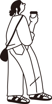 recommend clip art: 珈琲を持って上を見る女性の線画ベクター