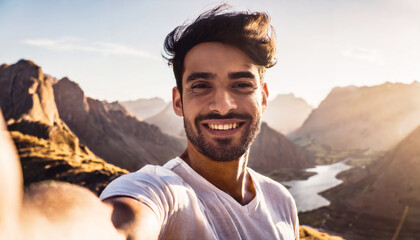 Smiling boy taking a selfie on a hike with a beautiful nature mountain landscape background. Travel, road trip, backpacking theme concept. Ai generated. 