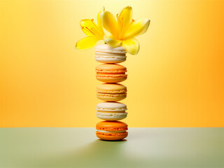 Stories template with delicious macaron or macaroon cookies with flowers on yellow background. Phone background