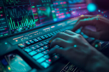 Trader's Hand on Illuminated Keyboard with Graphs