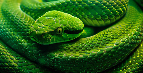 green snake curled on a wooden branch of a tree - Powered by Adobe