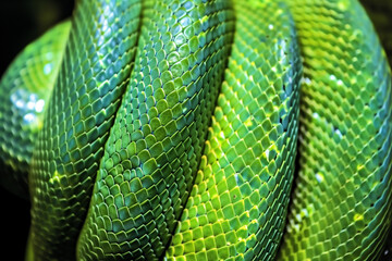 Green snake skin background, the snake coiled up