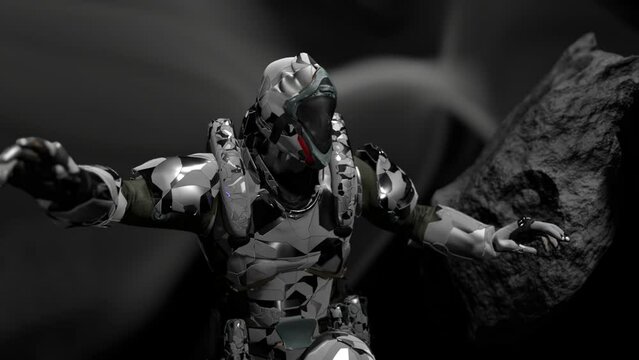 humanoid cyborg, robot flying on a skateboard between meteorites, background for music, 3D rendering, cyclic animation