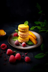 Stack of yellow macaroons, artistically placed on a dark plate, surrounded by fresh raspberries, slices of mango, and mint leaves. Perfect for culinary presentations, food blogs or dessert menus - 764688422