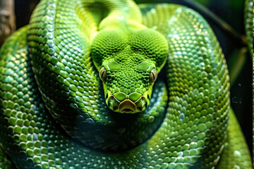 green snake curled on a wooden branch of a tree