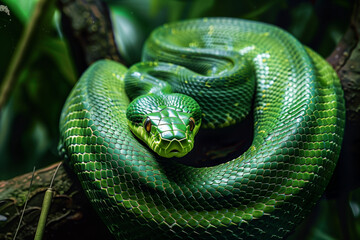 green snake curled on a wooden branch of a tree