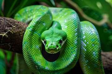 green snake curled on a wooden branch of a tree