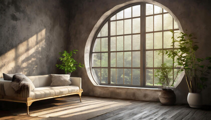 Horizontal photo of big wooden architecture windows with beautiful sunlight shining through, in boho aesthetic room with enchanted forest view. Cozy, product mockup background space. ai generated. 
