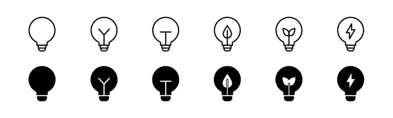 Lightbulb icon set. Line and glyph light bulb set. Idea lamp collection