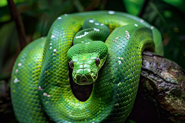 green snake curled on a wooden branch of a tree