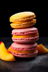 Stack of macaroons, artistically placed on a dark plate, surrounded by fresh raspberries, slices of mango, and mint leaves. Perfect for culinary presentations, food blogs or dessert menus - 764688694