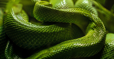 Fototapeta premium green snake curled on a wooden branch of a tree