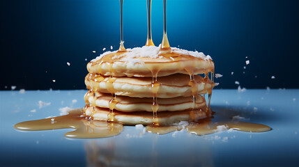 Delicious pancakes with honey and powdered sugar. Healthy breakfast concept with copy space - obrazy, fototapety, plakaty