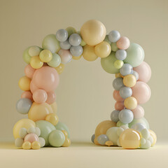 Fototapeta na wymiar Pastel color Balloons in Shape of Arc, Gate or Portal on a green background.