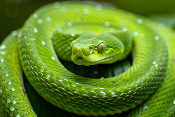 Fototapeta premium green snake curled on a wooden branch of a tree