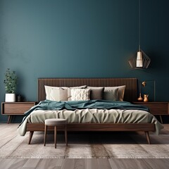 modern bedroom with a wood bed and khaki walls, in the style of dark azure and beige