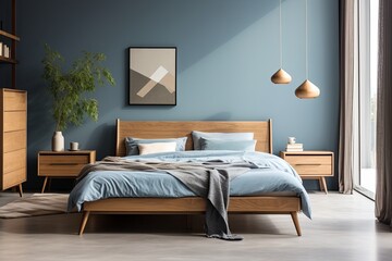 modern bedroom with a wood bed and lilac walls, in the style of dark azure and beige