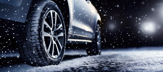 Car on Snowy Winter Night Banner with Copy Space
