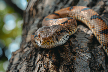 Fototapeta premium Spoted snake curled on a wooden branch of a tree