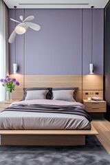 modern bedroom with a wood bed and lilac walls, in the style of dark azure and beige, modern