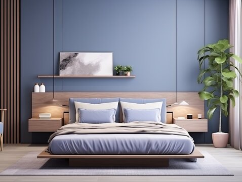 modern bedroom with a wood bed and lilac walls, in the style of dark azure and beige, modern