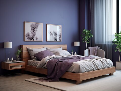 modern bedroom with a wood bed and lilac walls, in the style of dark azure and beige, modern