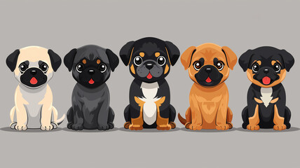 Fototapeta premium group of cute little puppies of different breeds on a gray background. flat illustration. Puppy Day