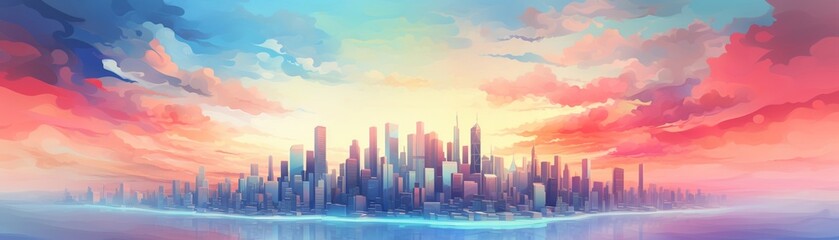High-tech minimalist cityscape pastel sunset