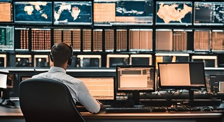 Man in a control room with monitors.	
