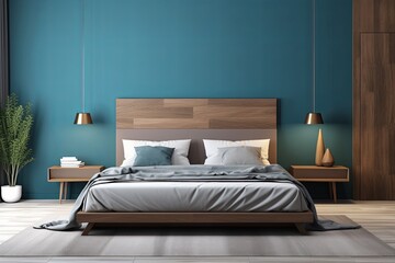 modern bedroom with a wood bed and maroon walls, in the style of dark azure and beige