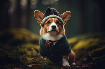 Fawn and white Pembroke Welsh Corgi wearing a buttoned forest green knit sweater white shirt and tartan necktie and wool cap standing in a dark forest looking at the camera.