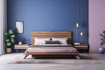 modern bedroom with a wood bed and mauve walls, in the style of dark azure and beige