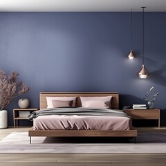 modern bedroom with a wood bed and mauve walls, in the style of dark azure and beige
